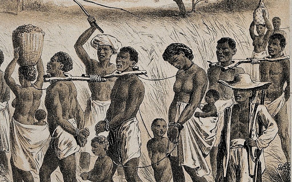 約為西元1880年的石版畫，描繪了一群男人、女人和孩童被帶到奴隸市場。（圖／welcome collection））